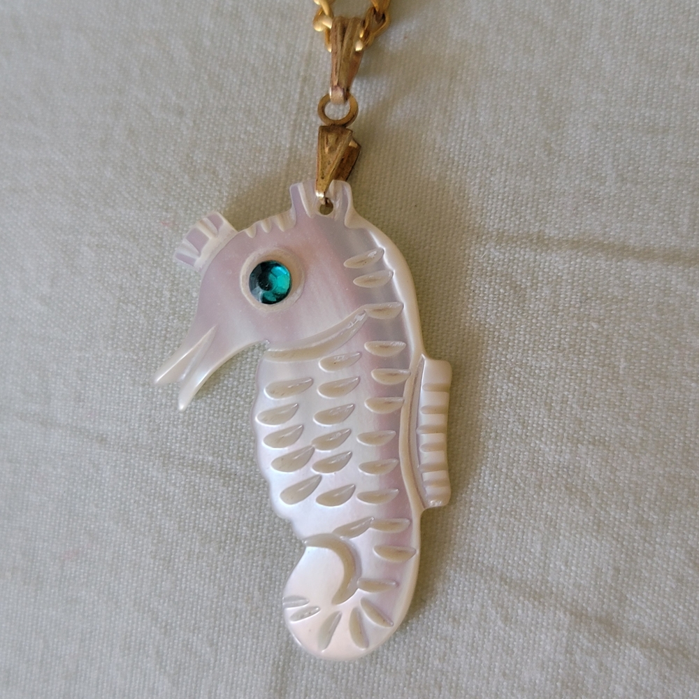Super Cute Abalone Seahorse Necklace with Blue Accent